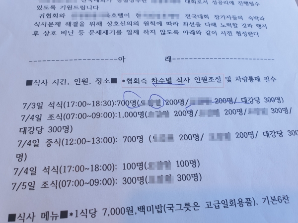 B협회는 H호텔과 2800명분의 계약서를 작성하며 식사 때마다 인원을 조절하기 위해 ‘협회측 차수별 식사 인원조절’이라는 문구를 넣었다.