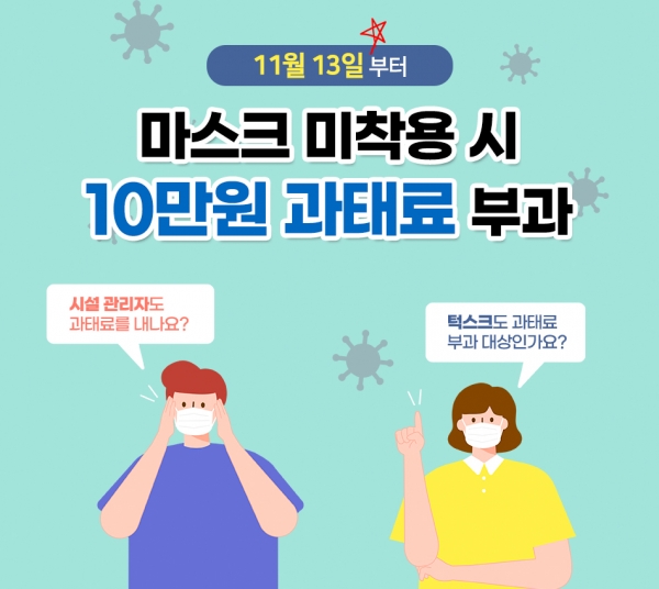 오는 13일(금)부터 ‘개편된 거리두기’에 맞춘 '도내 마스크 착용 의무화 위반 시 과태료 부과' 행정명령이 본격 시행된다.