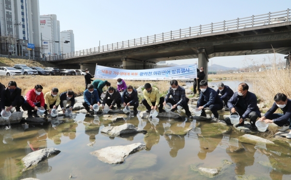 함안군은 지난 15일 칠원읍 광려천 야촌교 부근에서 낙동강 주요 회유성 어종 복원을 위한 ‘낙동강 하류 어린 연어 방류 행사’를 개최하고 어린 연어를 5만 마리를 방류했다.