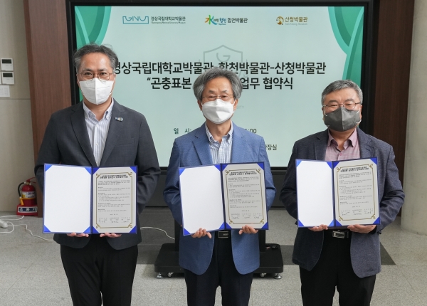 경상국립대박물관, 산청박물관, 합천박물관은 3일 오후 경상국립대박물관에서 곤충표본의 지역 공유 및 전시 활성화를 위한 업무협약(MOU)를 체결했다.
