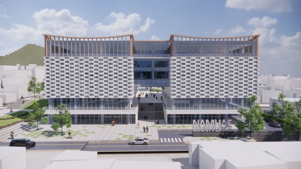남해군은 20일 군청 대회의실에서 ‘남해군 청사신축추진위원회’를 개최하고 신청사와 의회로 구성된(2개동 배치) 설계변경 대안을 확정했다고 21일 밝혔다.