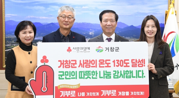 거창군은 5일 ‘희망2024 나눔 캠페인’ 사랑의 온도탑이 총 2억3500만 원이 모금되어 130도를 돌파하며 훈훈하게 마무리됐다고 밝혔다.