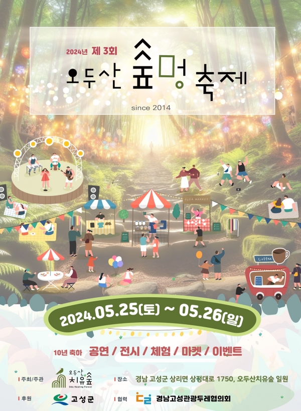 고성군(군수 이상근)은 오는 25일부터 26일까지 2일간 상리면 오두산 치유숲 조성 10주년을 맞아 '제3회 오두산 숲멍 축제'를 개최한다고 22일 밝혔다.