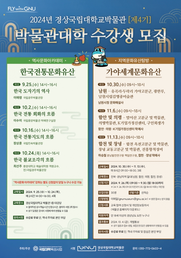 경상국립대학교(GNU·총장 권진회) 박물관은 ‘2024년 제4기 박물관대학’을 개설하고 수강생을 모집한다.
