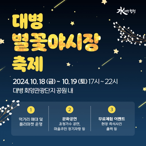 합천군은 대병면청년회(회장 권해옥)와 주민자치회(회장 하상도)가 합천호 회양관광지 일원에서 18~19일 제2회 대병 별꽃야시장 축제를 개최한다고 14일 밝혔다.