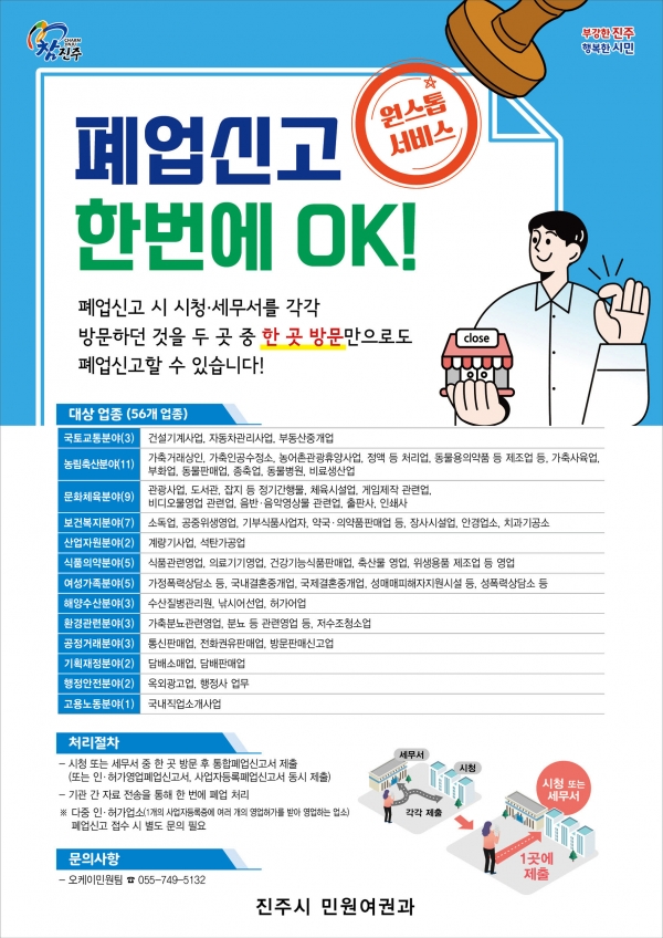 진주시가 시민 편의를 위해 운영 중인 ‘통합폐업신고 원스톱서비스’ 활성화를 위해 적극 홍보에 나섰다.