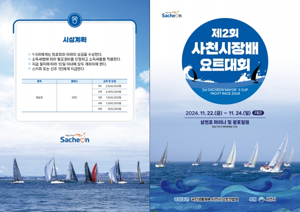사천시는 11월 22일부터 24일까지 수려한 풍광과 해양경관을 자랑하는 송포동 광포항 일원에서 '제2회 사천시장배 요트대회'를 개최한다고 19일 밝혔다.