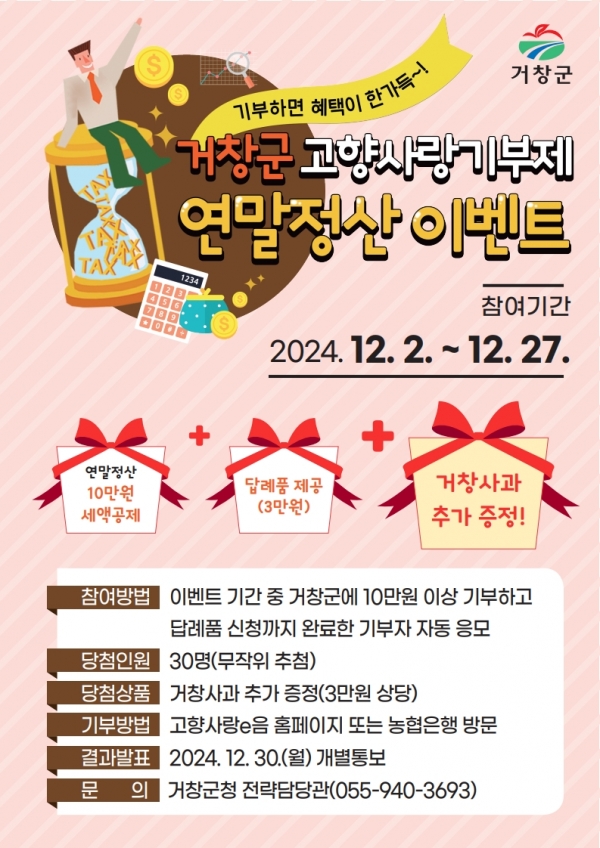 거창군은 연말정산 시기를 맞이하여 고향사랑기부제 기부자를 대상으로 연말정산 이벤트를 진행한다.