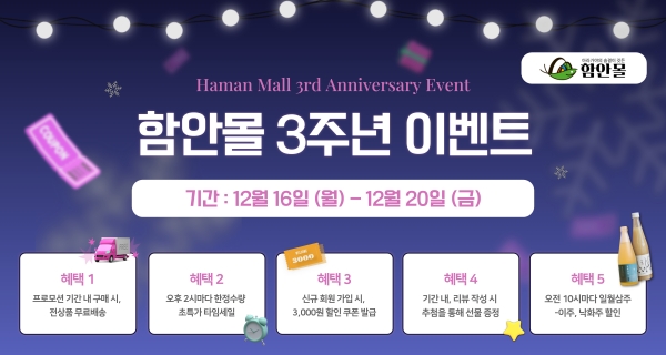 함안군농업기술센터에서 운영 중인 군 직영 온라인 쇼핑몰 ‘함안몰’에서는 개장 3주년을 기념해 오는 16일부터 20일까지 5일간 다양한 혜택을 담은 이벤트를 실시한다.