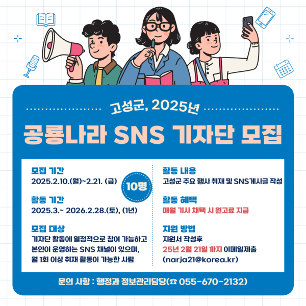 고성군(군수 이상근)은 지역의 다양한 소식을 생생하게 전달할 2025년도 공룡나라 SNS 기자단을 모집한다.